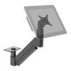 Side view of a HAT Design Works long-reach under-table monitor mount in vista black, featuring a heavy-duty articulated arm, a flat mounting base plate, and a VESA plate attached to a transparent overlay of a tablet monitor to demonstrate positioning.