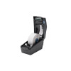Three-quarter view of the BIXOLON SLP-DX220EG 2-inch direct thermal barcode label printer with its clamshell cover propped fully open, displaying an easy-loading roll of white label media installed between adjustable blue guides on a solid white background.