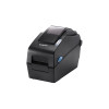 Front three-quarter view of the BIXOLON SLP-DX220EG 2-inch direct thermal barcode label printer in black, showing its compact design, top media window, control buttons, and blue cover-release latch against a solid white background.