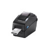 Front three-quarter view of the BIXOLON SLP-DX220EG 2-inch direct thermal barcode label printer in black, actively dispensing a printed food safety/item rotation label from the front slot, isolated on a white background.