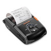 Left-side angled view of the black BIXOLON SPP-R200IIIIK mobile thermal receipt printer dispensing an itemized restaurant receipt, highlighting the white NFC connectivity symbol on the side panel, isolated on a white background.