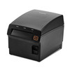 Front three-quarter view of the black BIXOLON SRP-F310IICOSK front-exit thermal receipt printer in a closed standby state, showing its smooth top cover, empty front dispensing slot, and square orange feed button on a solid white background.