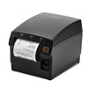 Front three-quarter view of the black BIXOLON SRP-F310IICOSK POS thermal receipt printer, showcasing its ergonomic front-exit design actively dispensing a printed order receipt, with a square orange feed button and clear LED status indicators visible against a solid white background.