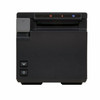 Front view of a black, cubic Epson TM-m10 thermal receipt printer against a white background. The front face features a gray paper-feed lever on the top left, a receipt exit slot across the upper edge with illuminated LED status lights (red roll error, red exclamation indicator, and blue power/connectivity light), and square power and paper feed buttons located on the bottom left corner.