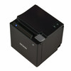 High-angle, top-down isometric view looking at the front panel and top surface of the Epson TM-m10 receipt printer. The white "EPSON" logo is visible on the vertical front face, while the glossy top surface features square power and paper feed buttons clustered near the back right corner.
