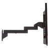A profile side view of the black HAT Design Works 9110-HD-8.5-4-104 heavy-duty monitor mount fully extended from a wall bracket, showcasing the stepped alignment of the 8.5-inch and 4-inch articulating extension arms connected to the rear I/O panel of a flat-screen display.