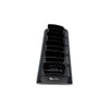 Alt text: A front perspective view of the black Verifone M087-Q03-50-NAA 5-slot smart charger looking down the line of the charging bays, featuring the Verifone logo on the front lip and showing the exposed terminal connector pins in the closest open bay slot.