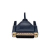 Close-up product view of the gold-plated DB25 male serial connector end of the Tripp Lite P456-006 null modem cable, isolated against a white background. The image clearly displays the 25 connection pins housed in a black molded PVC boot featuring integrated plastic thumb screws for secure attachment.