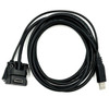 An overhead product view of the black Ingenico 296111170AD straight interface cable neatly wound into a tight multi-layered circle. A standard rectangular USB Type-A plug extends out from the right side, balanced by the proprietary multi-pin smart terminal connector block extending out on the left side.