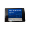 A top-down product view of a black 2.5-inch Western Digital internal solid-state drive against a plain white backdrop. The drive features a prominent rectangular label split horizontally into a vibrant blue top section and a crisp white bottom section. The blue area displays "WD Blue SA510 SATA SSD" and "SOLID STATE DRIVE" in white text alongside a minimal outline icon of a laptop and desktop computer. The bottom white section clearly features "500GB" in dark blue next to the "Western Digital" brand logo.