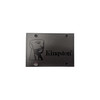 A flat-lay view of the front face of the dark textured metal Kingston A400 solid-state drive, set against a solid white backdrop. The perspective shows the embossed, stylized Kingston icon portrait logo on the right side and the black script "Kingston" brand name centered. One small, circular security hologram sticker labeled "warranty void if removed" is positioned on the bottom edge. The SATA connection port is oriented to the left.
