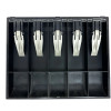 Direct top-down view of a black plastic IBM Toshiba fixed cash till insert tray, clearly displaying the organized grid layout of five curved coin sections along the bottom and five deep currency bill slots with vertical light grey metal hold-down clips at the top, isolated on a white background.
