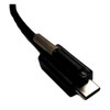 Close-up view of the straight-angle male USB-C connector tip on the black NCR Voyix terminal cable, highlighting its specialized black plastic housing block and integrated silver thumbscrew lock, isolated on a white background.