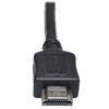 Close-up view of the black molded male HDMI (M) connector tip on the 6ft Tripp Lite adapter cable (P582-006), showing the silver-plated contacts and internal pin configuration, isolated on a white background.