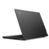 A rear three-quarter view of an open Lenovo ThinkPad L14 Gen 2 business laptop, focusing on the back of the display lid. The exterior shell features a clean, minimalist matte black finish with a silver angled ThinkPad logo in the upper left corner and a small block Lenovo logo badge in the lower right corner.