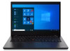A straight front-facing view of an open Lenovo ThinkPad L14 Gen 2 laptop against a white background. The bright 14-inch screen displays the Windows desktop interface with the standard blue background and start menu tiles. Below the screen is the classic black ThinkPad keyboard featuring the signature red TrackPoint navigation nub in the center, a multi-touch trackpad, and a small silver ThinkPad logo on the right palm rest.