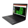 A right-side three-quarter view of an open Lenovo ThinkPad L14 Gen 2 laptop. The anti-glare screen displays a presentation application showcasing green matrix-style images of server racks inside a data center. The sleek build, touchpad with red accent clickers, and keyboard deck are visible against a white background.