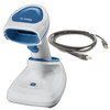 The complete scanning assembly kit featuring the white and blue Zebra DS8178-HC healthcare scanner docked inside its presentation cradle, alongside a looped dark gray shielded USB host interface cable with an RJ45 connector on one end and a standard USB Type-A connector on the other.