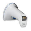 A close-up view focusing on the bottom handle and base configuration of the Zebra DS8178-HC cordless barcode scanner against a white backdrop. The shot details the exposed gold charging contact pins, the lower edge of the blue trigger button, and the locking screw latch for the removable battery panel.