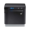 Front-facing view of the Star mC-Print3 (mCP30) thermal receipt printer, featuring a sleek matte black exterior contrasted by a light gray base. The unit displays a stylized star logo on the front panel, with an illuminated blue status control strip at the top containing power and feed indicators.