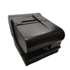 Low-angle front-facing view of a black Toshiba 6145-2TC dual-station POS printer showing the main check insertion bed.