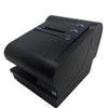 High-angle view of a raven black Toshiba 6145-2TC thermal receipt printer showcasing its dual-station layout, check entry slot, and top-mounted control buttons.
