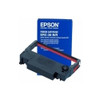 An Epson ERC-38 B/R black and red ribbon cartridge for impact printers, displayed in front of its vertical blue packaging box. The box prominently features the white "EPSON EXCEED YOUR VISION" logo and lists compatible printer models, such as the TM-U220 series. The fabric ribbon itself shows a distinct two-tone split, with black on top and red on the bottom.