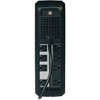 A direct view of the rear panel of the black matte tower chassis shown in Tripp Lite OmniSmart 900VA 475W Line-Interactive UPS System. At the top sits a single USB Type-B port, positioned directly above a large square grid of cooling ventilation slots. The heavy black power cord emerges from the center of the panel and drapes downward. Flanking the lower half are eight total NEMA 5-15R outlets arranged in two distinct vertical rows of four: the left column is labeled for battery backup and surge protection, while the right column is designated for surge and noise protection only.
