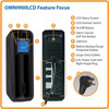 An instructional infographic labeled "OMNI900LCD Feature Focus" at the top, as seen in tripp-lite-omnismart-900va-475w-line-interactive-ups-system-with-lcd-omni900lcd-instructions.jpg. The graphic uses orange circle letter callouts to identify hardware components across diagrams of the front panel, rear panel, and AC plug. Callout A marks the LCD status screen, B indicates the LCD dimmer switch slider, C points to the power button, and D labels the alarm cancel/self-test button. For the rear panel, E identifies the USB port, F specifies the row of battery backup and surge outlets, and G designates the surge-only outlets. In a separate circular detail view, H illustrates the 6-foot heavy-duty power cord terminating in a low-profile, right-angle space-saving wall plug.