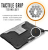 An infographic displaying the textured back of the black and silver UAG rugged case, titled "TACTILE GRIP TECHNOLOGY." The text highlights secure handling in wet or slippery conditions. A circular diagram points to the textured surface, detailing the honeycomb grip pattern with a water droplet icon.