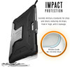 An infographic emphasizing "IMPACT PROTECTION," depicting the corner of the rugged UAG case bouncing off a hard surface with illustrated impact shards. Text states it exceeds military drop standards (MIL STD 810G-516.6), enduring 26 drops from 4 feet high with zero damage.