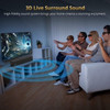 Lifestyle image showing four people sitting on a white leather sofa wearing 3D glasses, reacting with excitement to a sci-fi space scene on their wall-mounted television. The Bestisan soundbar sits below the TV on a white media console, emitting concentric blue soundwave graphics to illustrate a 3D live surround sound experience.