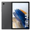 A side-by-side product view of a dark gray Samsung Galaxy Tab A8 tablet showing both its back panel and front display. The back panel features a single rear camera lens in the upper left corner and a subtle Samsung logo along the bottom edge. The front display features a black bezel and a colorful wallpaper with textured shades of blue, orange, and gray, overlaid with the vertical text "Tab A8" in large white font.