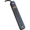 A top-down overview of the black Tripp Lite TLP606B surge protector. The strip features the Tripp Lite logo, a green "Protected" LED light, an illuminated red power/reset switch, and 6 standard outlets, with the bottom end outlet outlined in a dashed line to indicate wider spacing for transformer blocks.