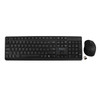 A direct, flat top-down view showing the entire US QWERTY layout of the black wireless keyboard, with the matching wireless mouse and small USB receiver arranged neatly to its right side.