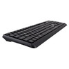 A low-angle, side-profile view of the black wireless keyboard against a white background, highlighting its slim design, tapered ergonomic tilt, and low-profile keys.