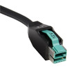 Close-up view of the host-side connector tip on the NCR 4-Meter PoweredUSB Cable (1432-C478-0040), showcasing the standard 12V PoweredUSB interface with its distinctive teal plastic insert, a teal locking latch labeled "12V", and a durable black molded housing.