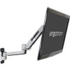 Profile perspective of the Ergotron LX Sit-Stand Wall Mount Monitor Arm - Polished Aluminum - Up to 42" - 45-353-026 attached to a wall, showing the mechanical arm lifting a flat-panel display that features the Ergotron brand logo on a dark grey screen template.