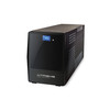 Three-quarter angled view of the compact black tower housing of the Xtreme Power Conversion Line-Interactive UPS - S71-700, showing the illuminated blue status screen on the front face panel and rowed ventilation slots running along the elongated side chassis.