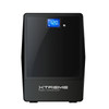 Straight-on view of the matte black front panel of the Xtreme Power Conversion Line-Interactive UPS - S71-700, featuring a bright blue square digital LCD screen displaying "120 V" next to a small white power button, with the white Xtreme Power Conversion logo printed clearly across the bottom section.