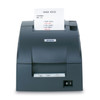 Front vertical perspective of the dark gray Epson TM-U220B Impact POS Receipt Printer (C31C514663) with a restaurant kitchen order ticket emerging from the top serrated cutter slot. The printed receipt clearly illustrates two-color capability, highlighting "EXTRA SAUCE" and "MANHATTAN" in bold red text amid black text. A status light console sits below beside a mechanical power switch.