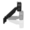 A multi-exposure product image showing a wall-mounted black articulating arm adjusting seamlessly between raised, middle, and lowered positions while holding an Ingenico Lane/3000 credit card reader.