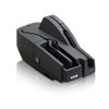 An angled side perspective of the Epson CaptureOne TM-S1000 scanner, showcasing the exit pocket area. The Epson logo is printed on the lower left. The upper section features a top control panel with error and power status indicator LEDs.
