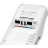 A close-up view of the underside of a white PAX L920-BM base station. The image clearly details the recessed connectivity hub, showcasing ports labeled with color-coded stickers: a red "LAN" port, two black "USB A-HOST" and "USB B-HOST" ports, a blue "RS232" port, and a yellow "POWER" micro-USB port. The product sticker shows regulatory logos, the model name "L920-BM", and the specific part number "L920-BM-1EO".