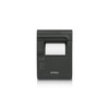 Direct straight-on front view of a dark gray Epson TM-L90 thermal receipt and label printer with a blank white media roll feeding out of the slot. Shows the feed button, paper out, error, and power LED status lights on the bottom left.
