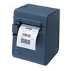 Three-quarter angled front view of a dark gray Epson TM-L90 thermal label and receipt printer dispensing a white barcode order ticket. Features an official blue and white Epson logo on the lower left alongside operational LED indicator status lights.