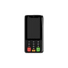 Front straight-on view of a black PAX A35 smart retail PIN pad terminal with a blank screen, numeric keypad, red cancel button, yellow clear button, and green enter button on a solid white background.