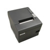 High-angle isometric view of a dark gray Epson TM-T88V POS receipt printer from the right side, highlighting the empty paper slot, gray feed button panel with indicator lights, and its compact box shape on a white background.
