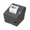 High-angle isometric view from the left side of a dark gray Epson TM-T88V point-of-sale thermal printer dispensing a sample receipt with a "Fresh Mart" logo, displaying the power switch and control panel on a white background.