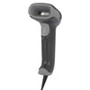A close-up view of the standalone Honeywell Voyager XP 1470g handheld barcode scanner, highlighting its ergonomic black body, light gray trigger button, protective rubberized gray scan bezel, and the top camera lens window with an integrated LED aiming system.